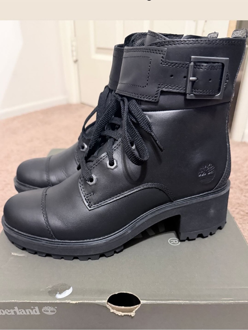 Black timberland cap toe chunky heel booties